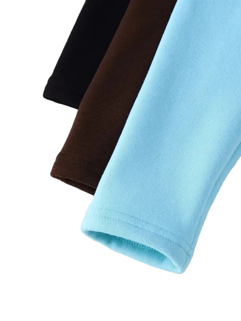 Three rolled-up sleeves in black, brown, and light blue on a white background