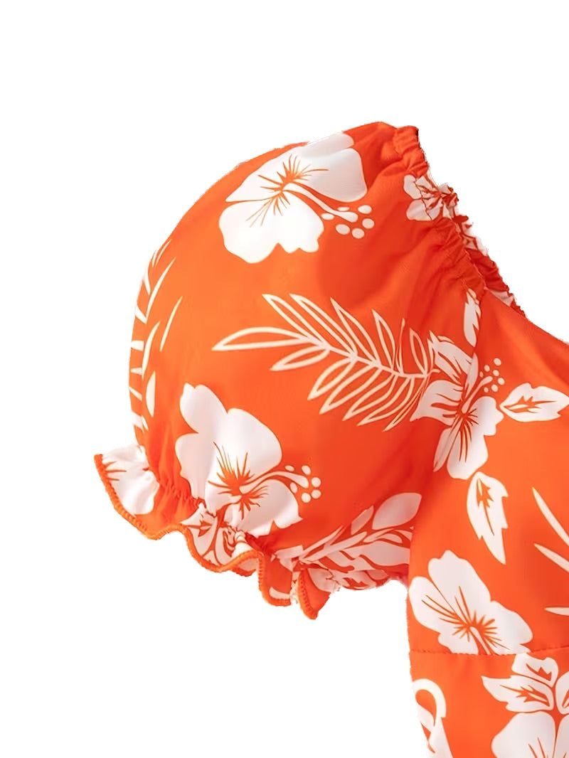 Summer Lantern Sleeve Small Flowers Orange Fashion Dress