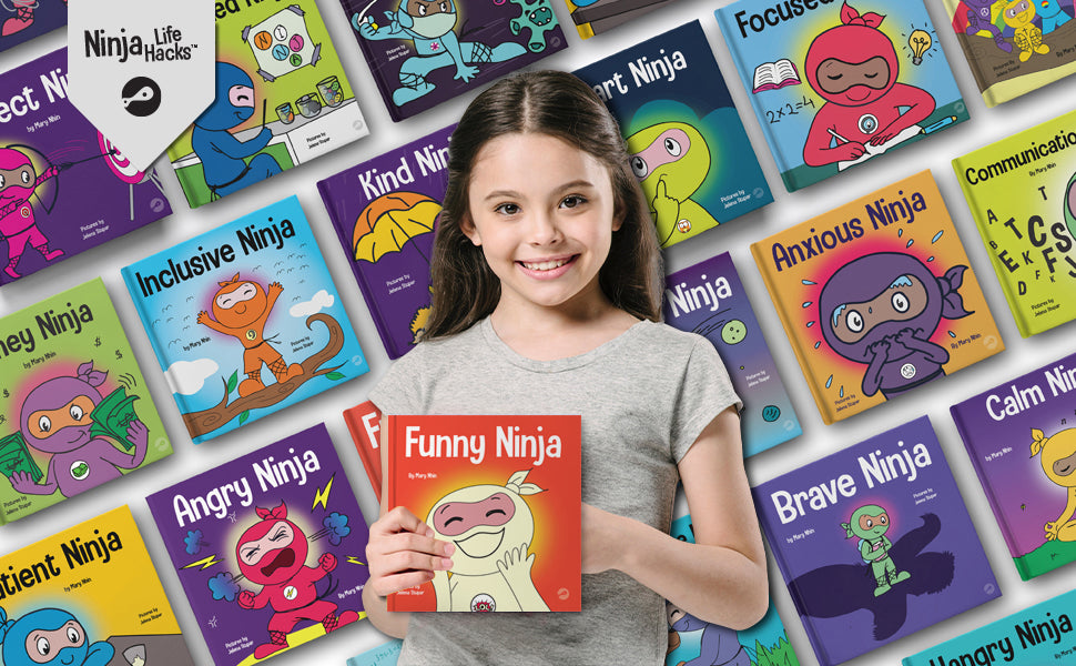 Girl holding a 'Funny Ninja' book with various other books about ninjas in the background