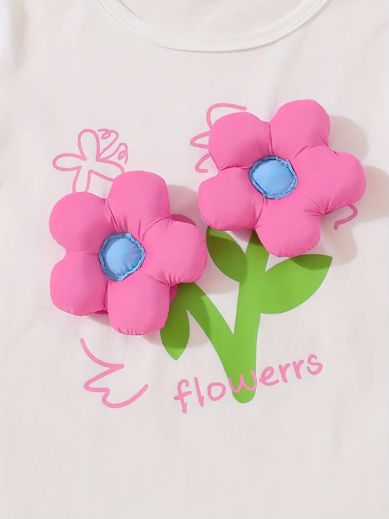 Cotton T-Shirt For Girls With 3D Flower Print - Fun