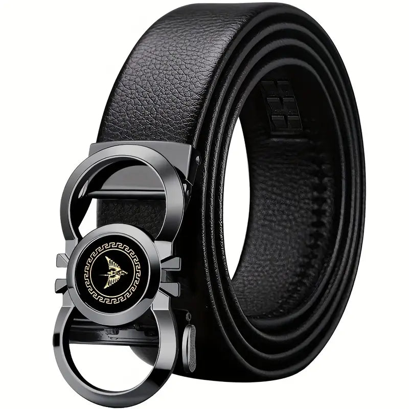 Black leather belt with a silver buckle on a white background