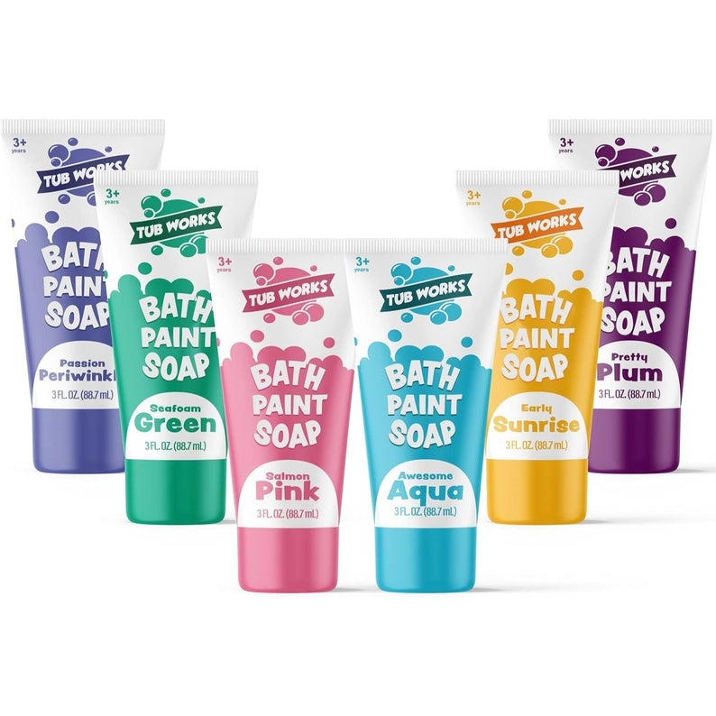 Assorted Tub Works bath paint soap tubes on a white background