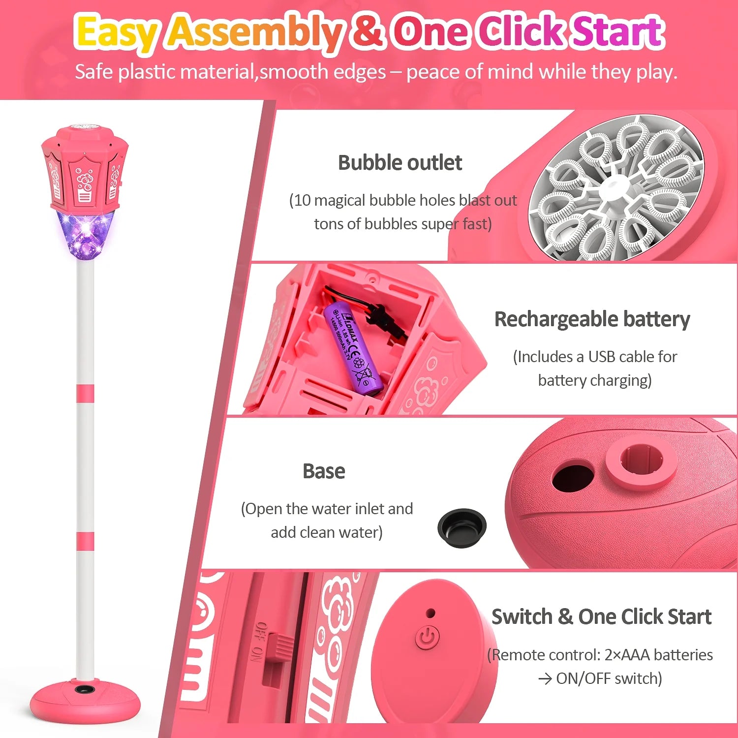 Pink bubble machine with features highlighted on a pink background