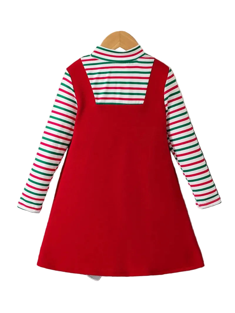 Red dress with striped long-sleeve top on a white background