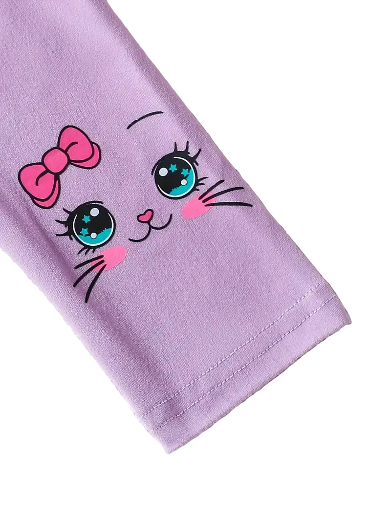 Purple fabric with a cartoon face design featuring a bow and eyes on a white background