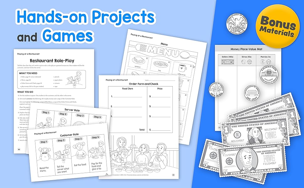 Educational materials including worksheets and money on a blue background with 'Hands-on Projects and Games' text.