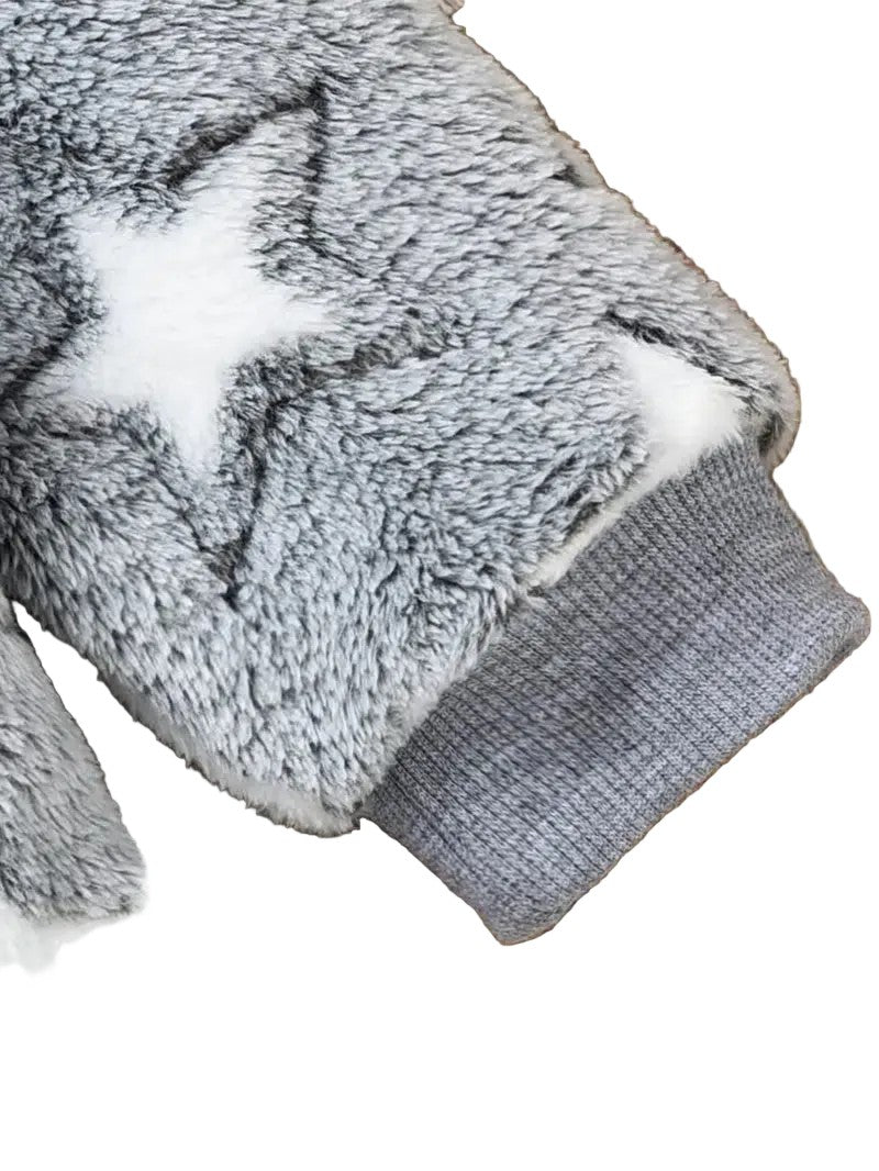 Gray fuzzy star-patterned sleeve on a white background