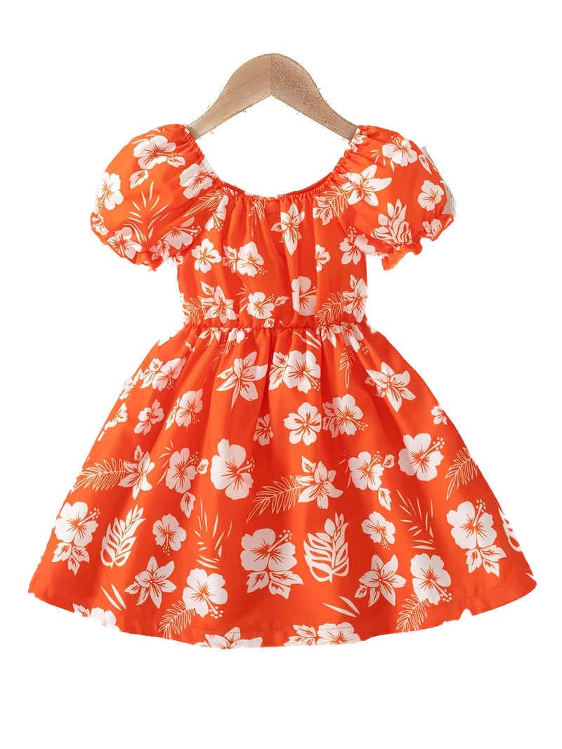 Summer Lantern Sleeve Small Flowers Orange Fashion Dress