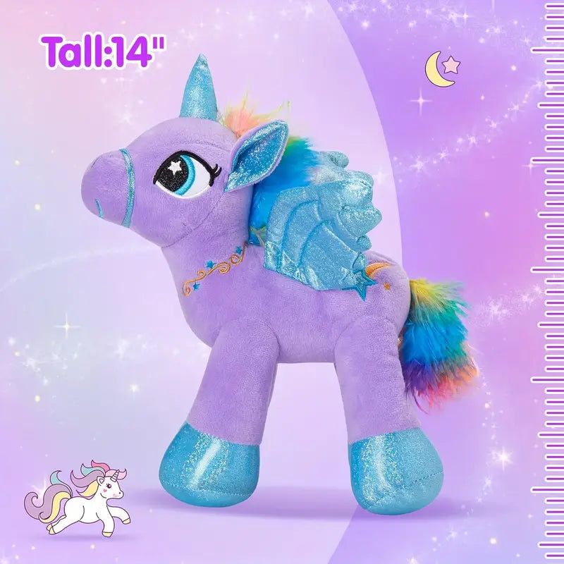 Plush unicorn toy with purple body, blue wings, and rainbow tail on a purple background with measurement details.