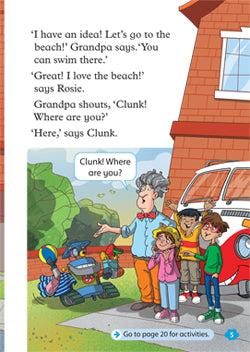Illustrated book page with a family at the beach and a car, featuring text and a colorful scene.