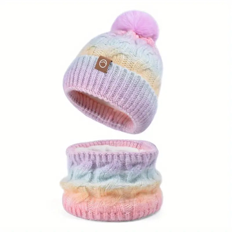 Onera Pastel Rainbow Gradient Knit Beanie with Pom Pom & Scarf Set