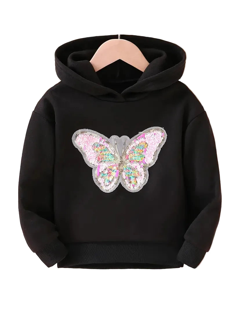 Black hoodie with a colorful butterfly patch on a white background