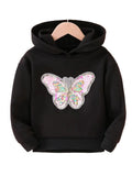 Black hoodie with a colorful butterfly patch on a white background