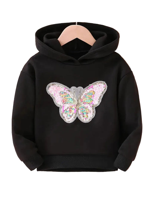 Black hoodie with a colorful butterfly patch on a white background