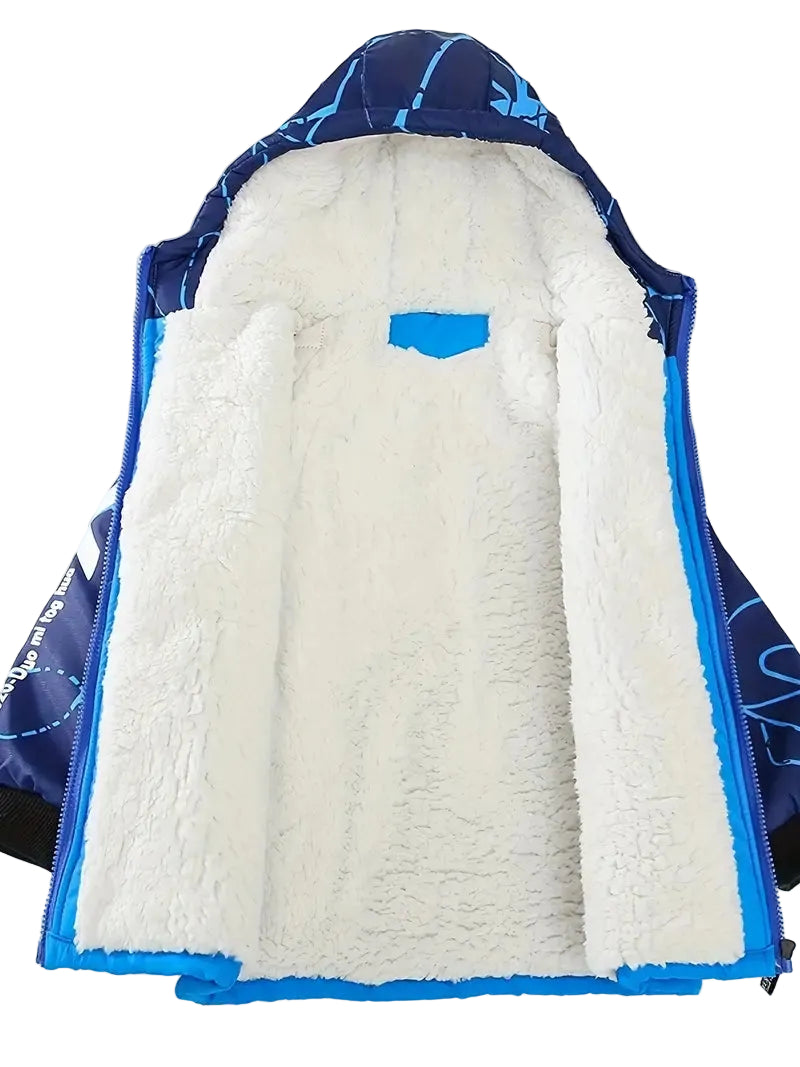 Blue and white jacket with a textured interior on a white background