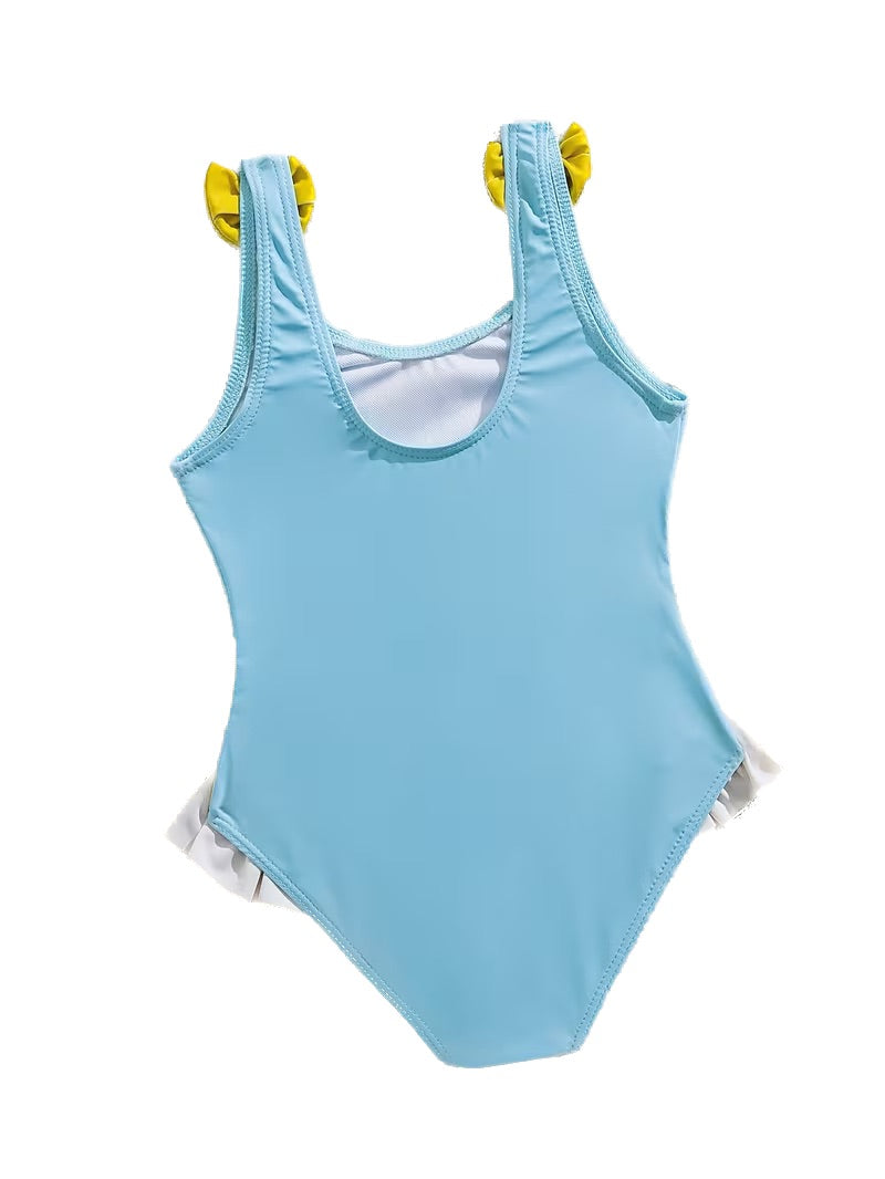 Cute Duckling Double Ruffle Bow Girls' One-Piece Swimsuit