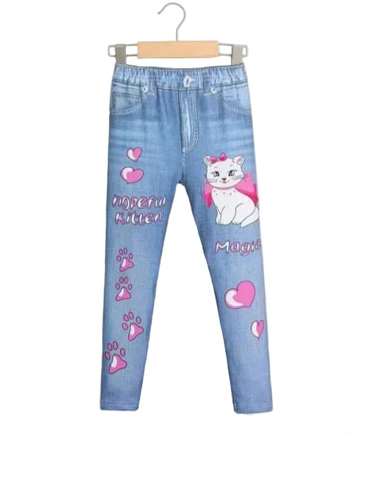 Light blue jeans with cat design and text on a white background