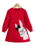 Red dress with a rabbit design and black polka dots on a white background