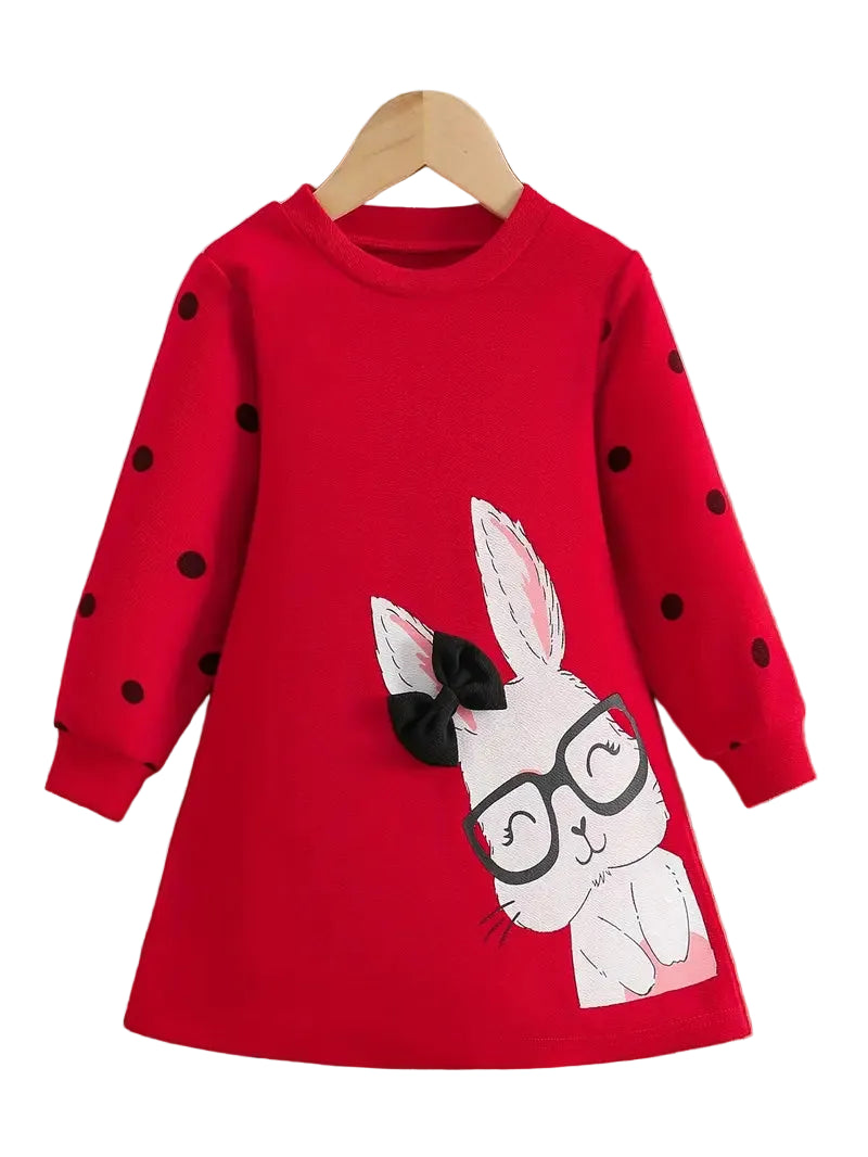 Red dress with a rabbit design and black polka dots on a white background