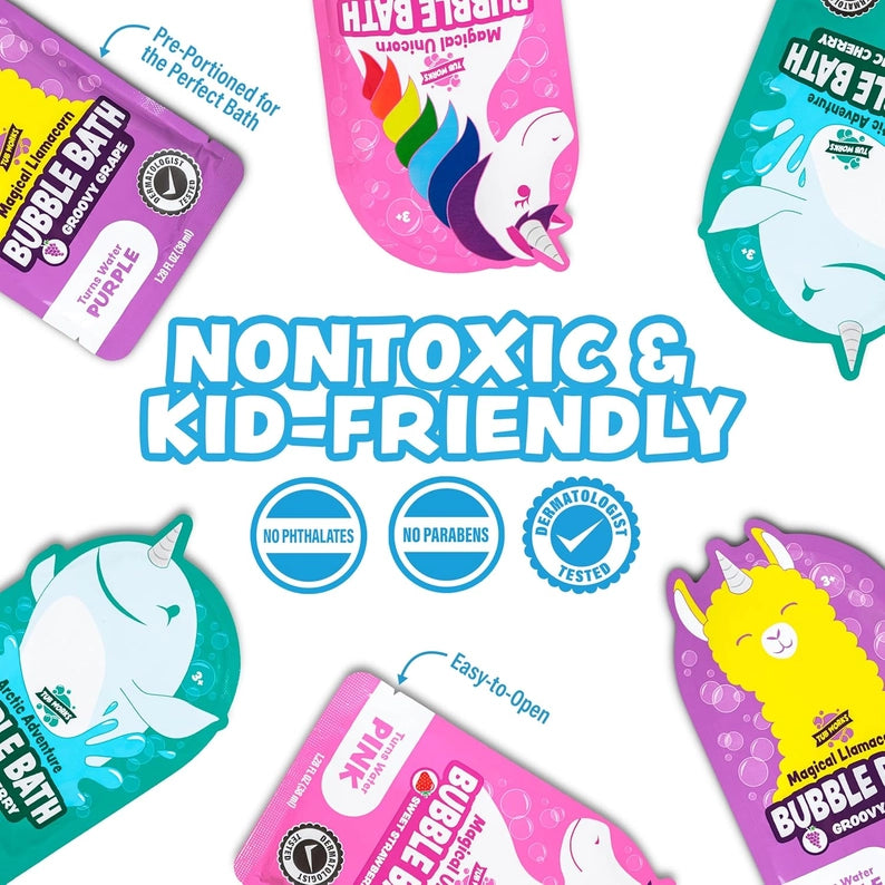 Bubble bath packages with colorful designs and text highlighting nontoxic and kid-friendly features.