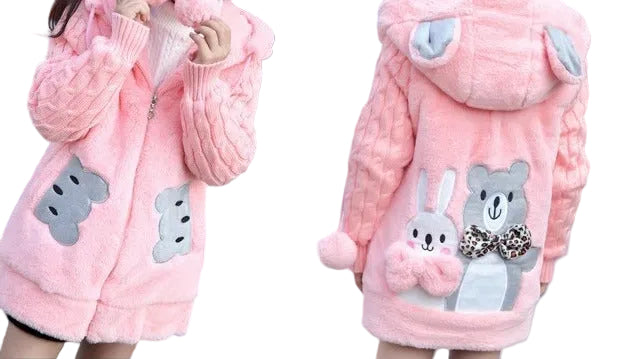 Pink children's coat with cartoon character design on a white background