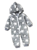 Gray baby snowsuit with white star pattern on a white background
