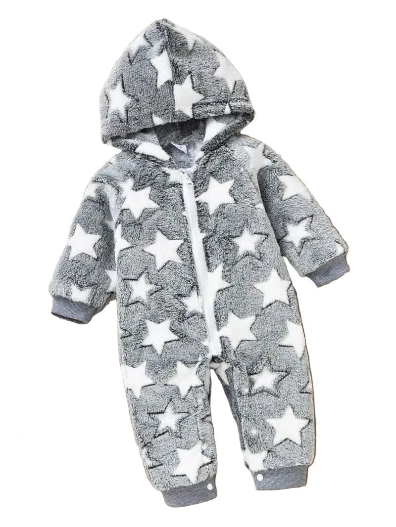 Gray baby snowsuit with white star pattern on a white background