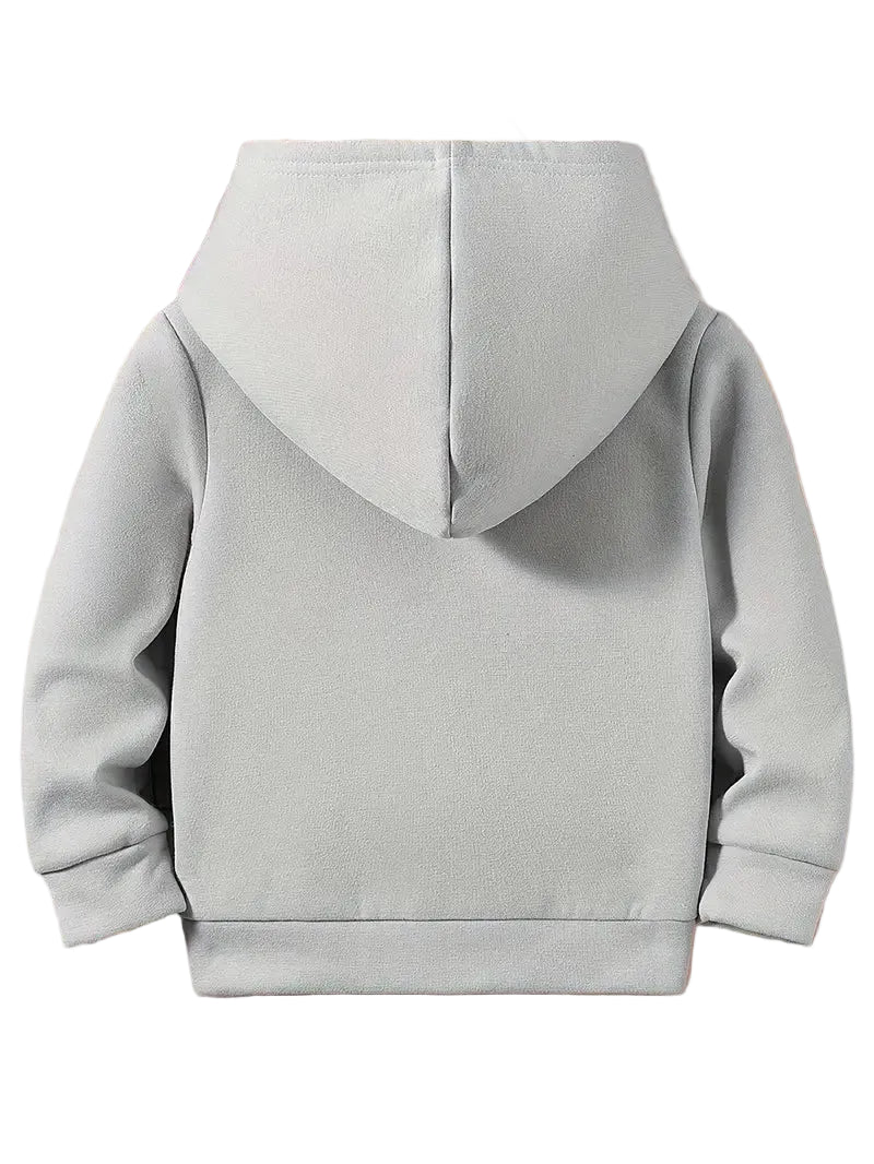Gray hoodie shown from the back with a fiery cloud graphic on a beige background