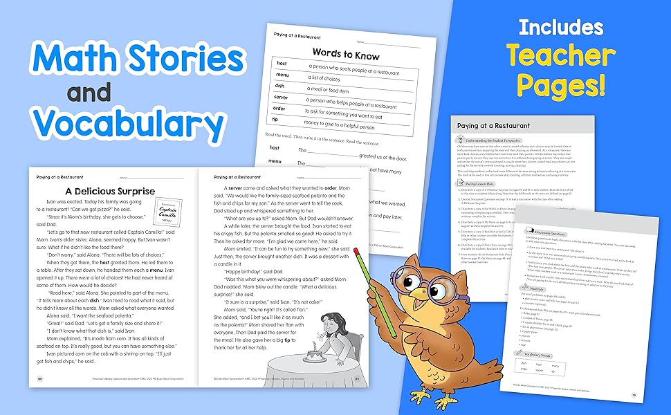 Educational materials with text and an owl character on a blue background