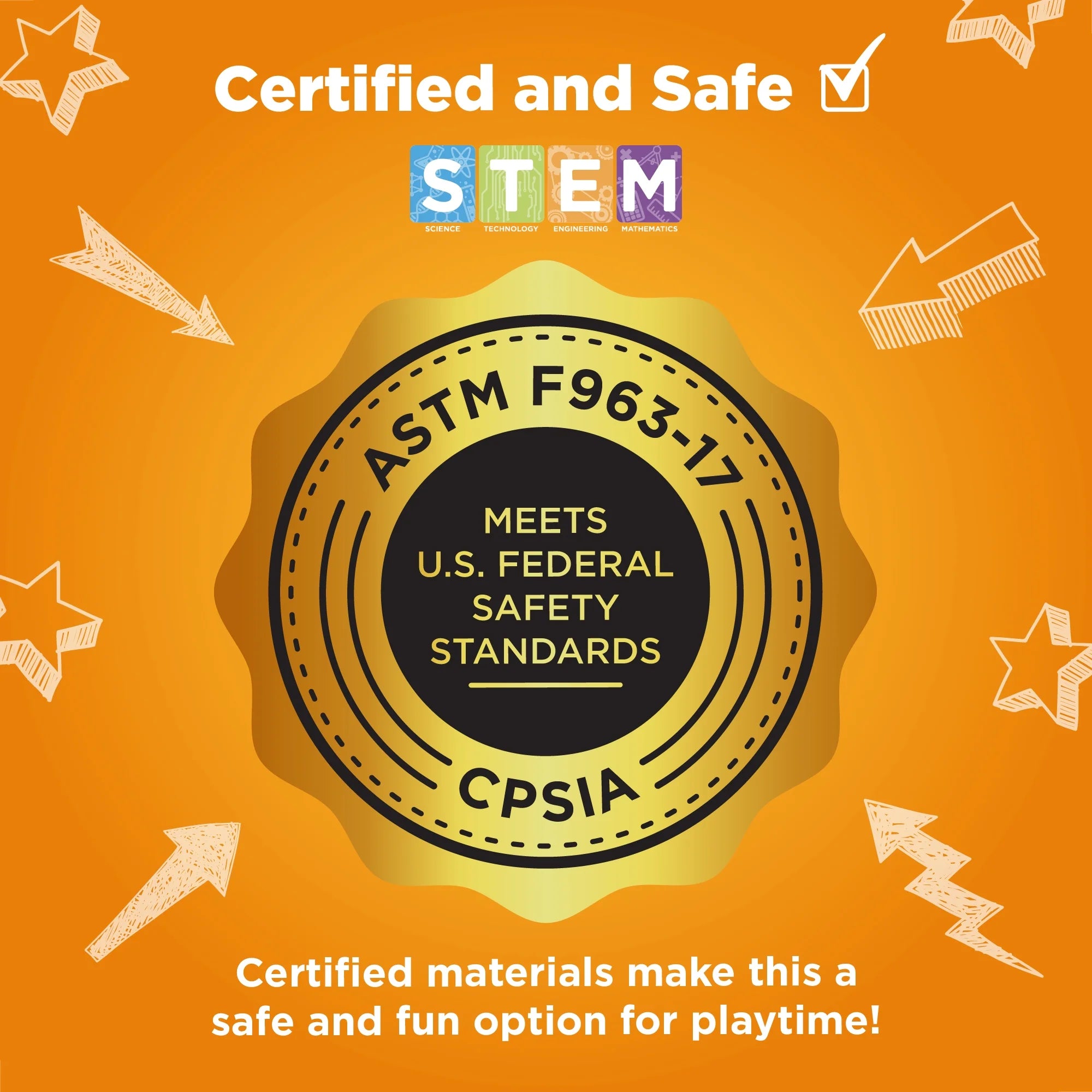 Certified and safe STEM materials label with ASTM F963-17 and CPSIA certification on an orange background.