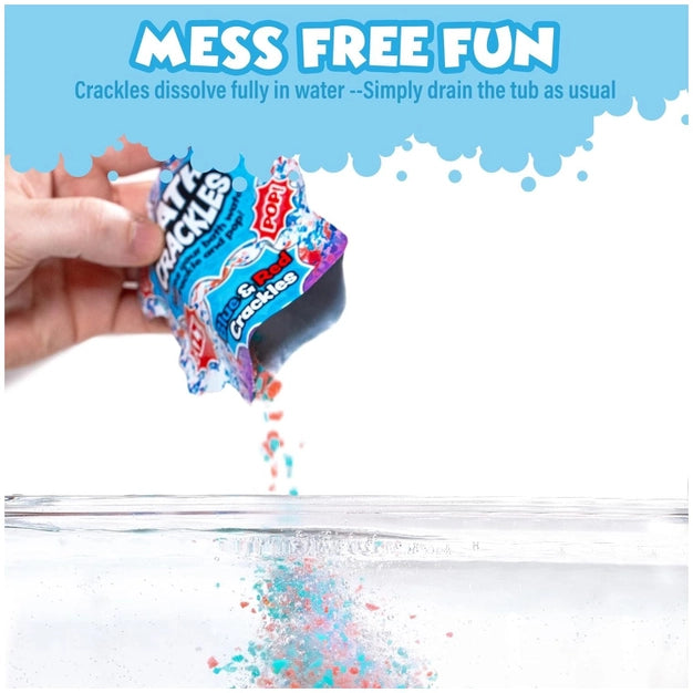 Hand pouring a colorful packet of Crayola Crackle into water with text 'Mess Free Fun' on a blue background.