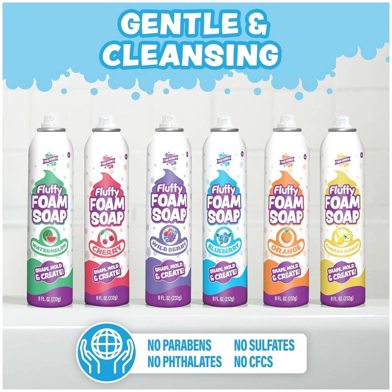 Set of Fluffy Foam Soap cans with various flavors on a light gray background.