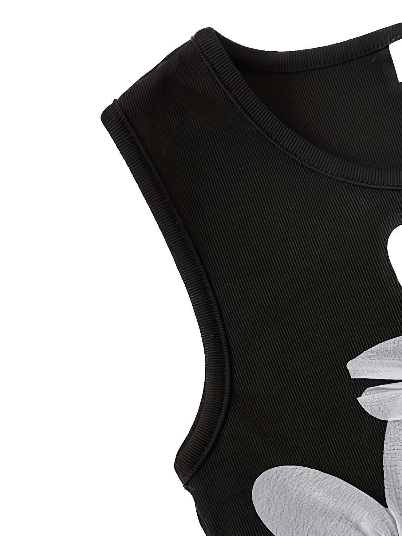 Black sleeveless top with a white graphic design on a white background