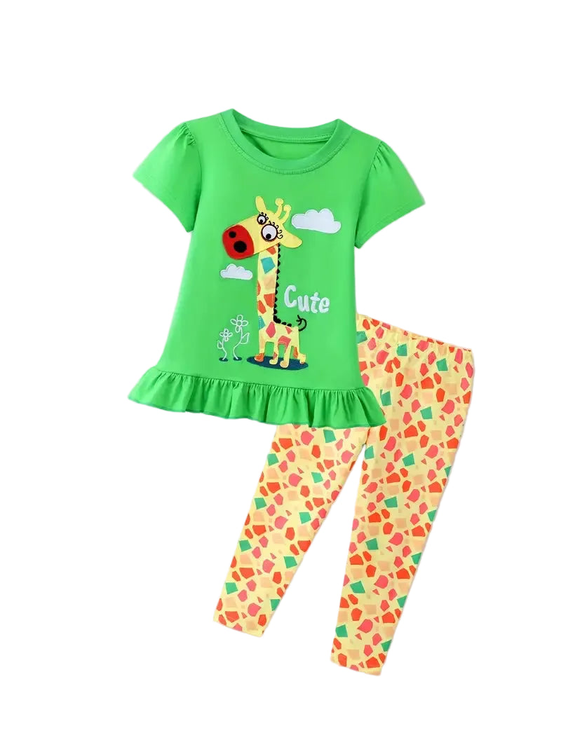 Children's outfit with green shirt and colorful pants on a white background