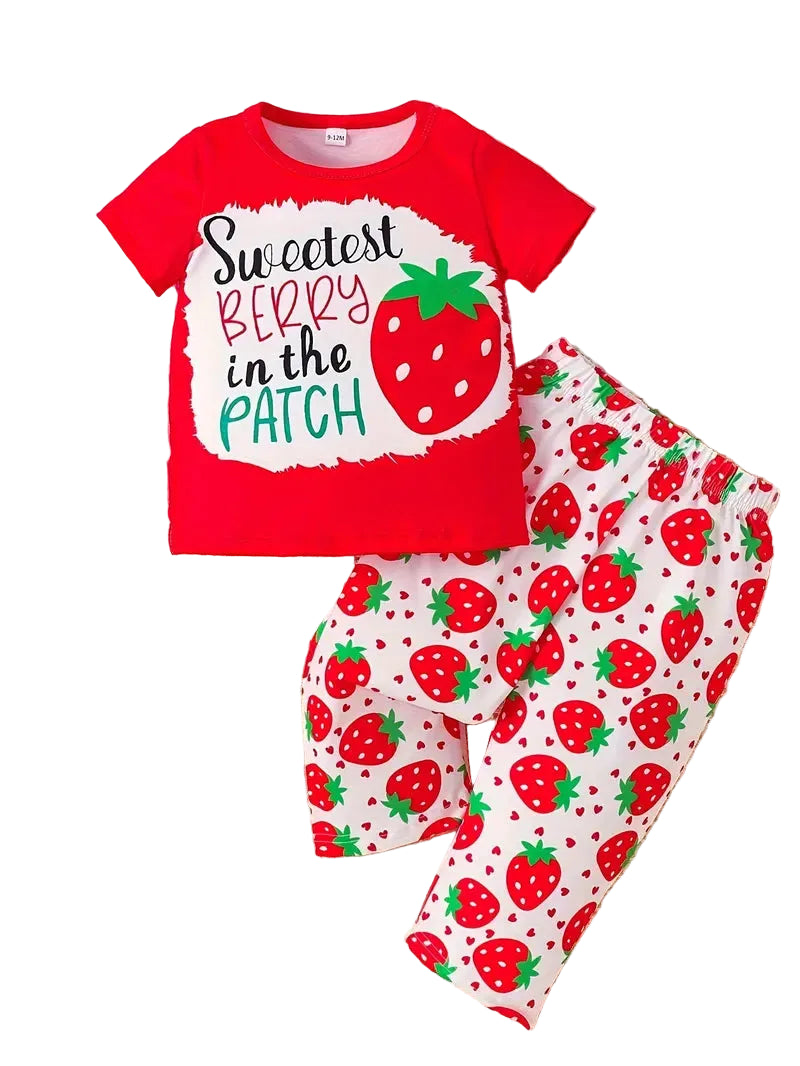 Strawberry In The Patch Print 2pcs Casual Outfit