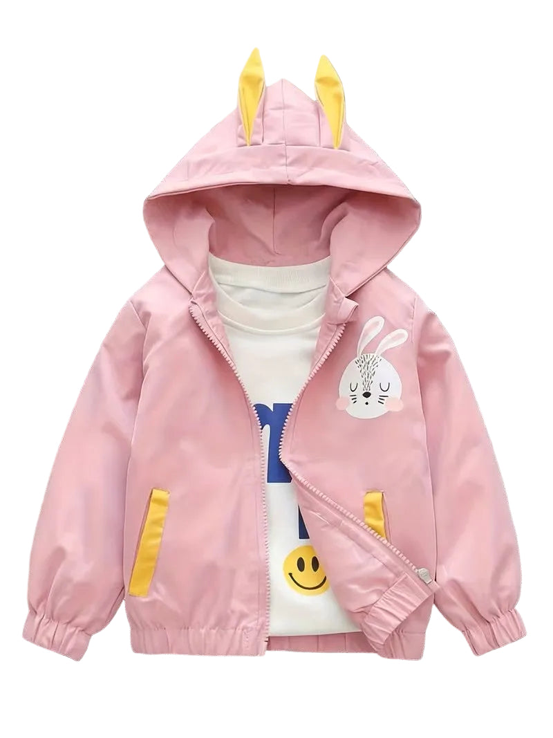 Pink children's jacket with cartoon design on a white background
