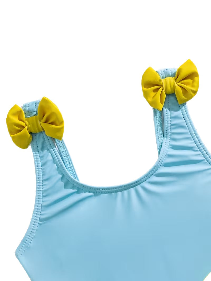 Cute Duckling Double Ruffle Bow Girls' One-Piece Swimsuit