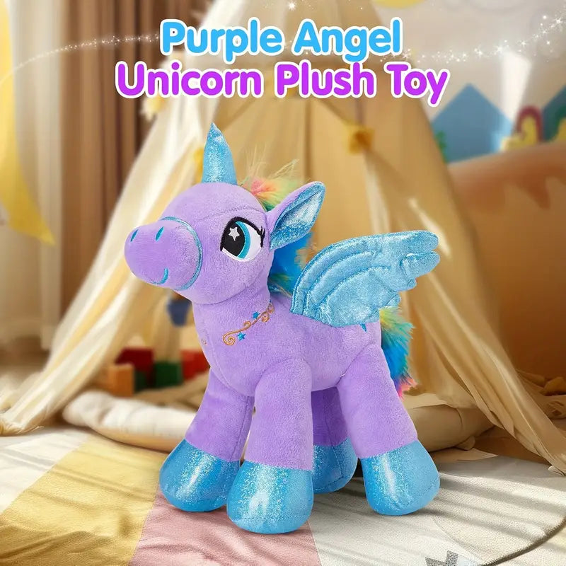 Purple angel unicorn plush toy with colorful wings on a bed