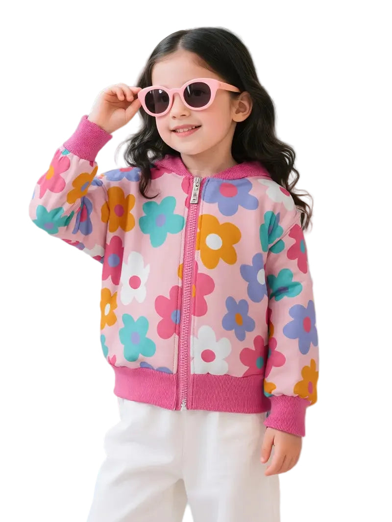 Child wearing a colorful floral jacket and pink sunglasses on a white background