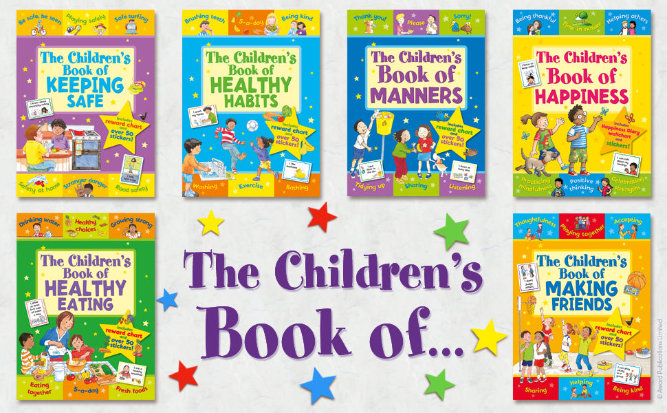 Collection of children's books on various topics with colorful covers and text.