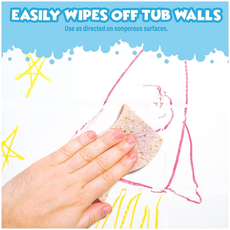 Hand using a sponge to wipe off crayon from a white surface with text indicating the product's ability to easily wipe off tub walls.
