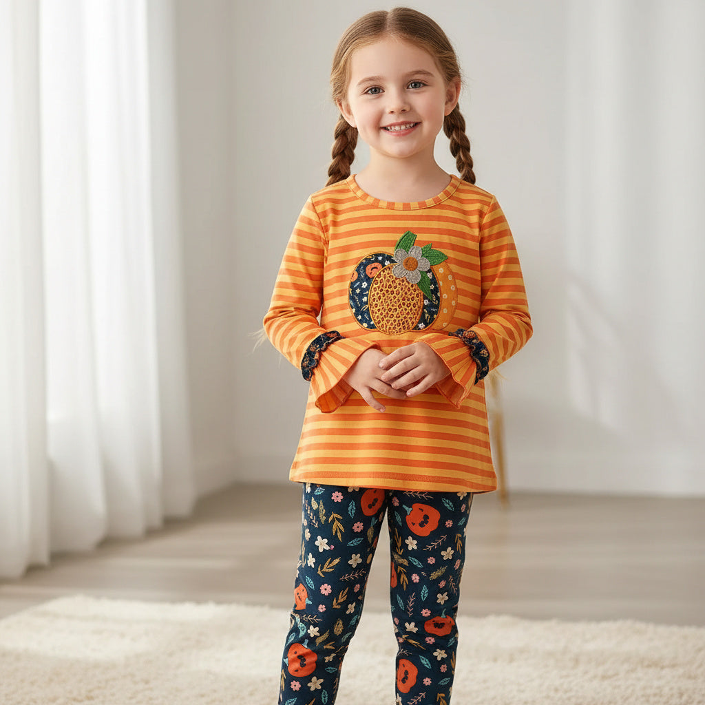 Size 7 Pumpkin Orange and Leafs Outfit for Kids