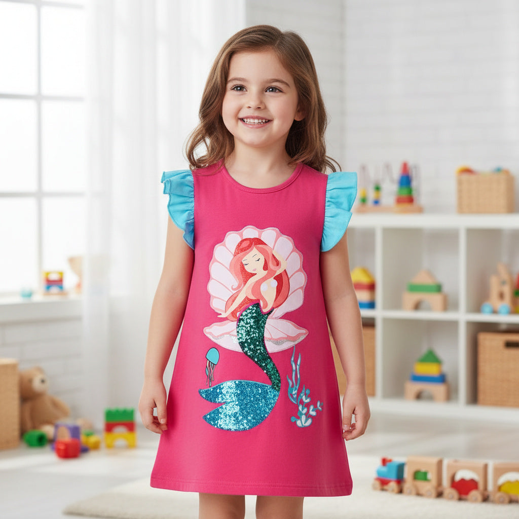 Mermaid Pink Short Sleeve Girls Cotton Dress With Sequin