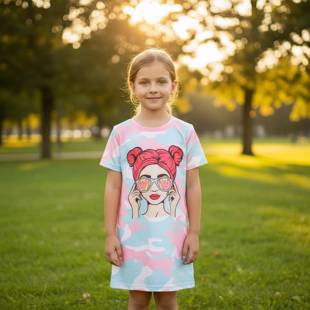 Casual Cute Pink and Blue Camouflage Dress - Fun Style