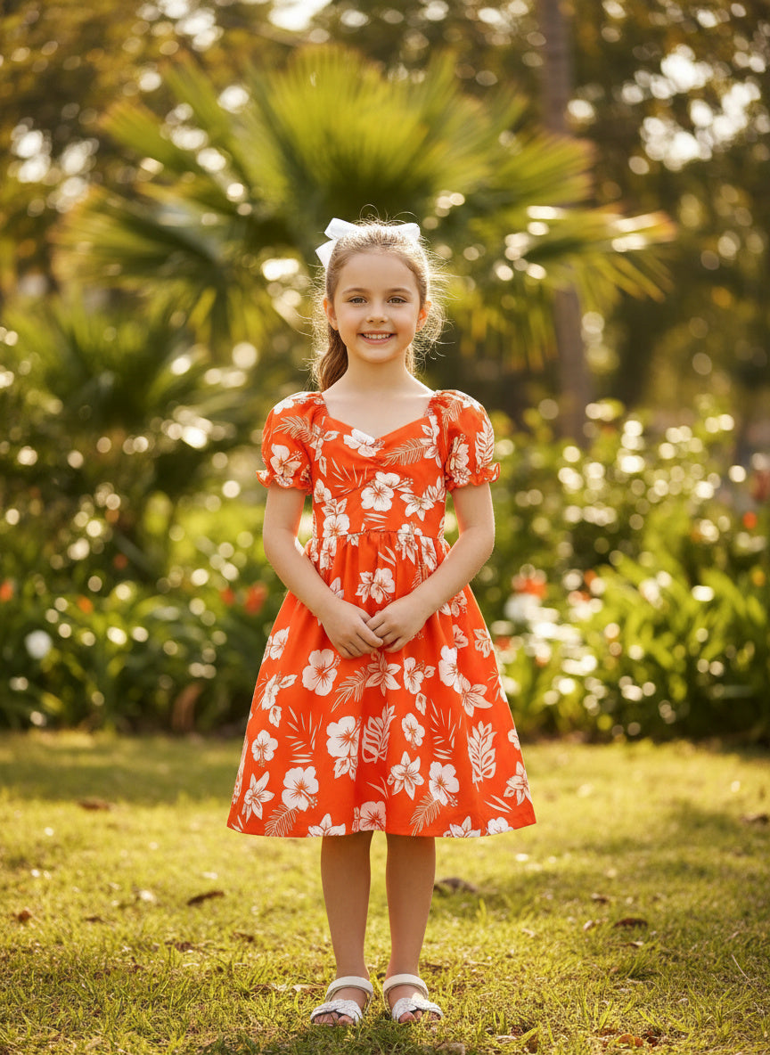 Summer Lantern Sleeve Small Flowers Orange Fashion Dress