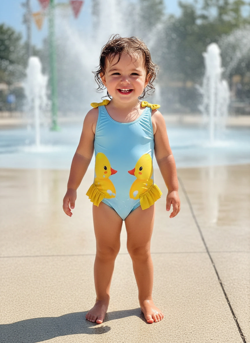 Cute Duckling Double Ruffle Bow Girls' Swimsuit
