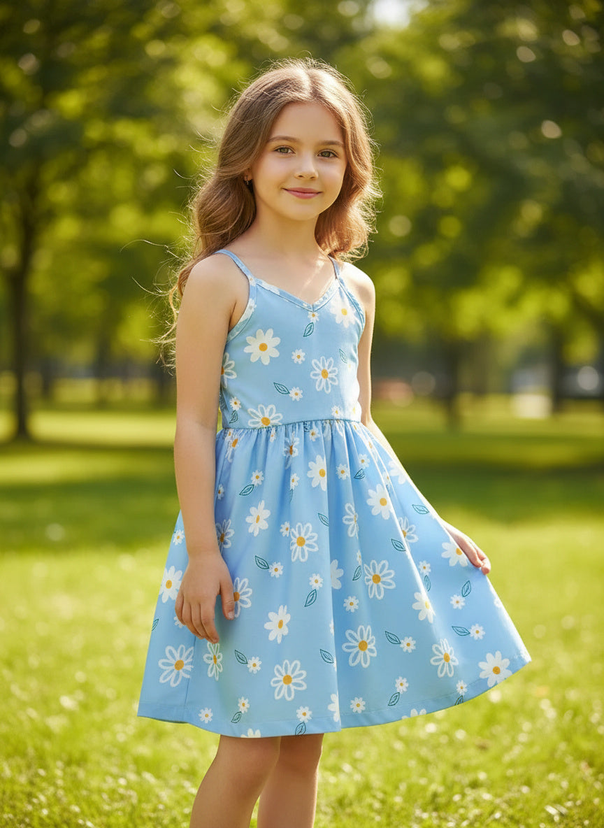 Cute Summer Vacation Dress for Girls with a Daisy Print