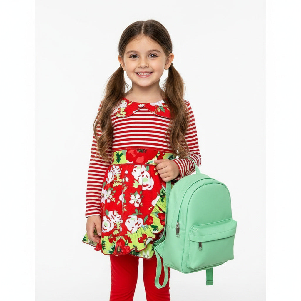 Red Dress & Leggings Floral Stripes Girls Set - Fun!