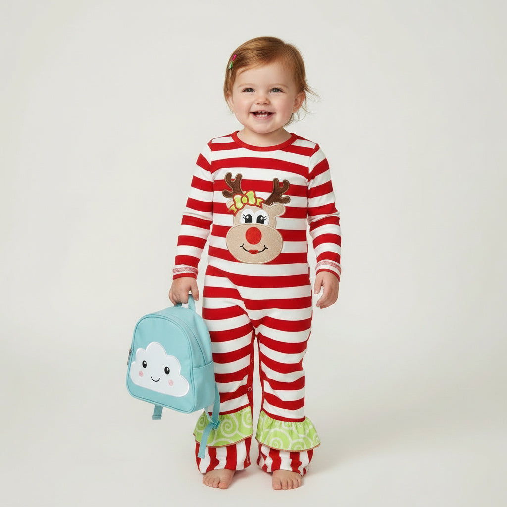 Baby Girls Christmas Romper Reindeer Red Stripes Delight