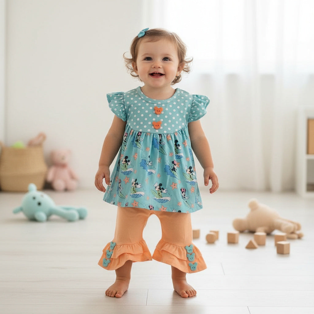A toddler stands barefoot in a bright nursery wearing a light blue dress with white polka dots and a Mickey Mouse print, paired with peach ruffled pants.